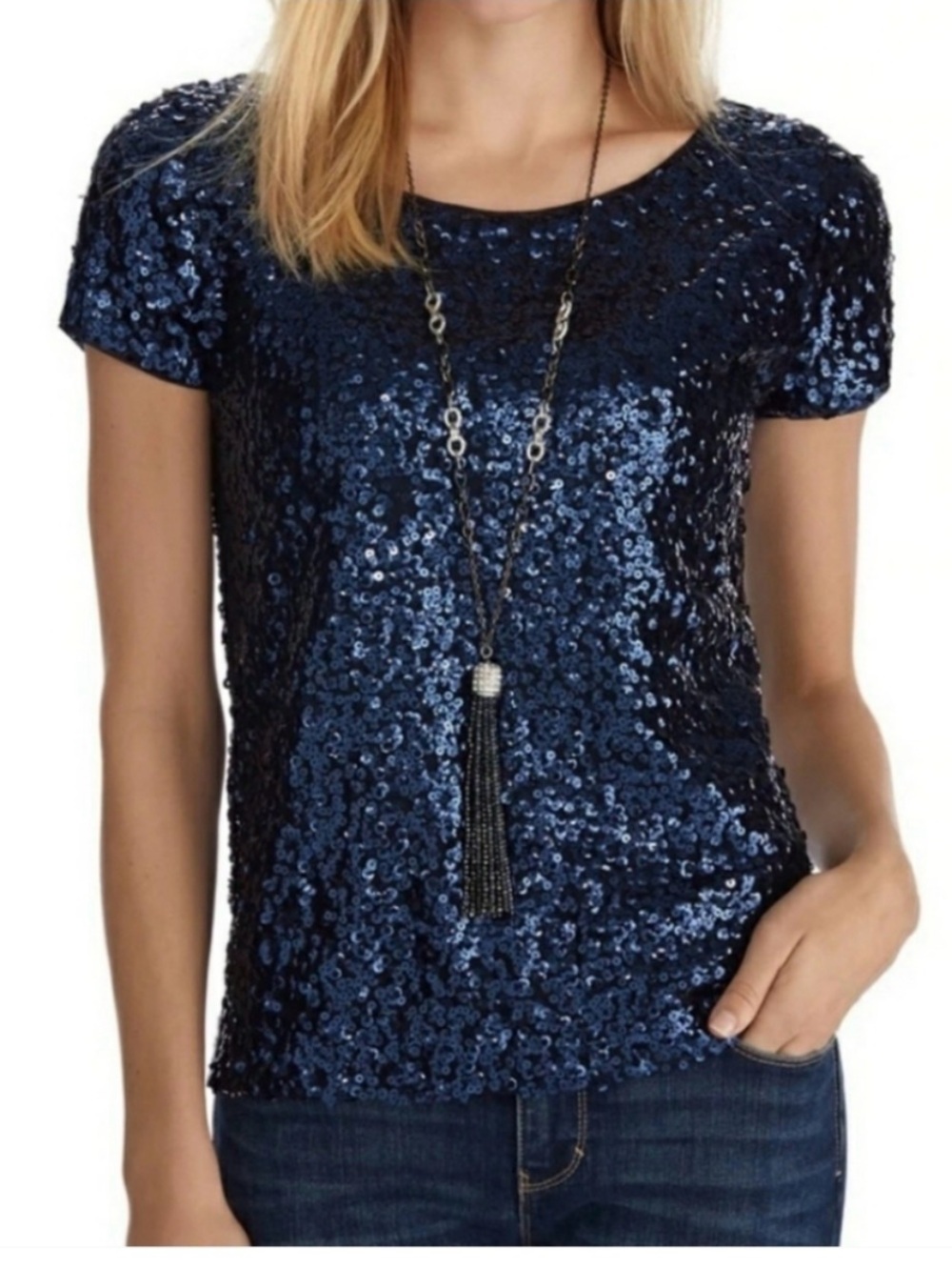 White House Black Market Navy Sequin Short Sleeve Blouse